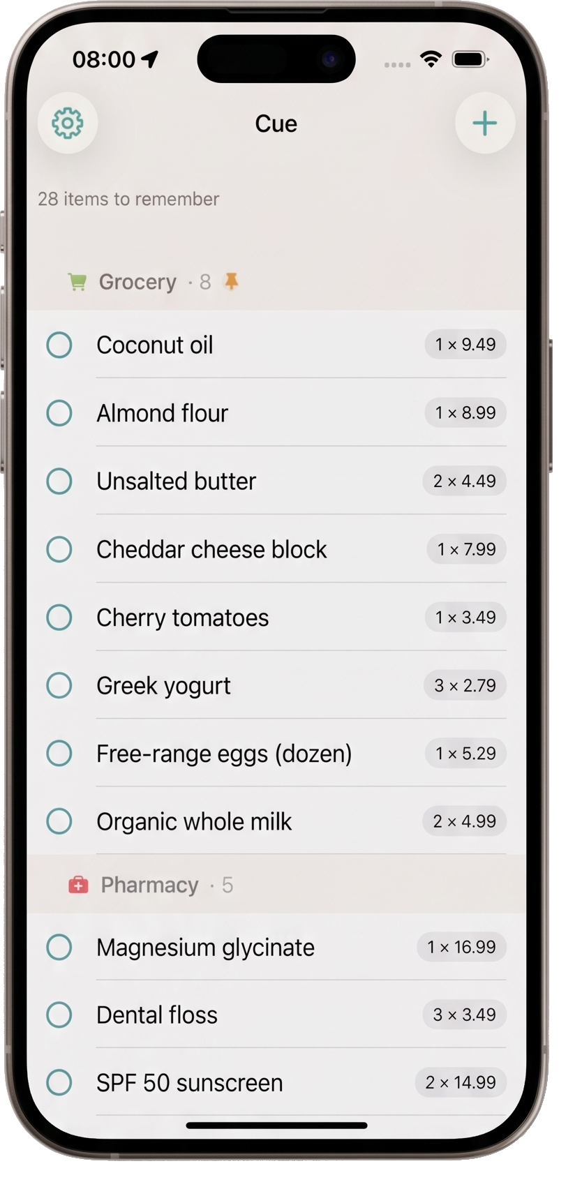 Cue shopping list on iPhone
